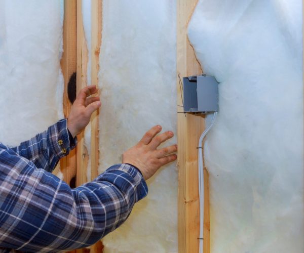 Work composed of mineral wool insulation in the wall heating insulation warm house, insulation, a builder at work